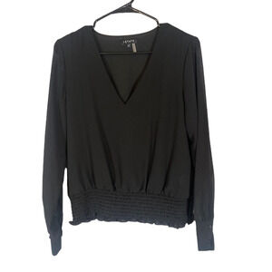 1.State Women’s Black V-Neck Sheer Long Sleeve Blouse Smocked Waist Size Small